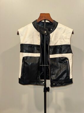 Windsor Black & White Leather Moto Vest